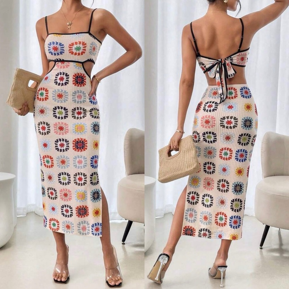 Sleeveless Crochet Midi Dress with Multicolor Floral Squares - White